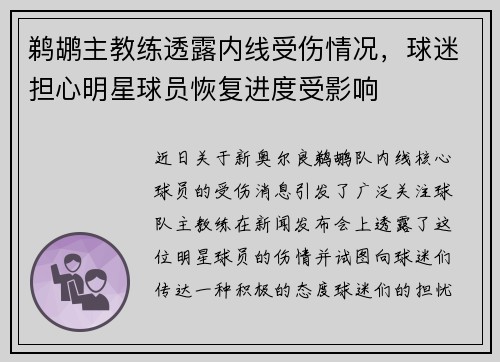 鹈鹕主教练透露内线受伤情况，球迷担心明星球员恢复进度受影响