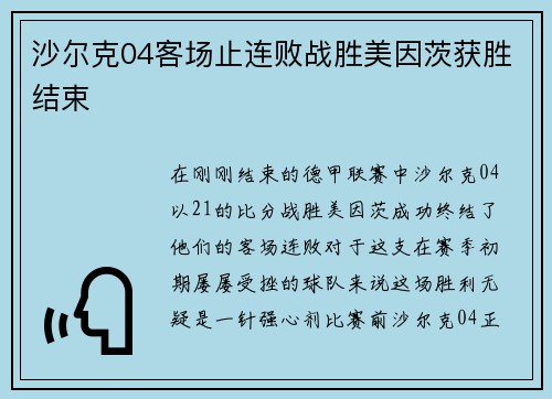 沙尔克04客场止连败战胜美因茨获胜结束