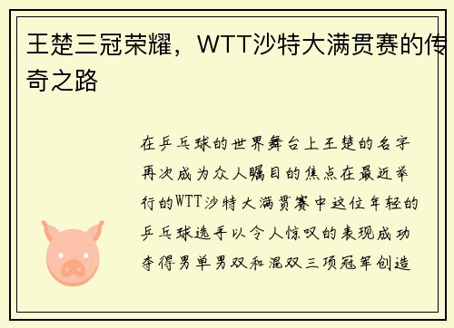 王楚三冠荣耀，WTT沙特大满贯赛的传奇之路