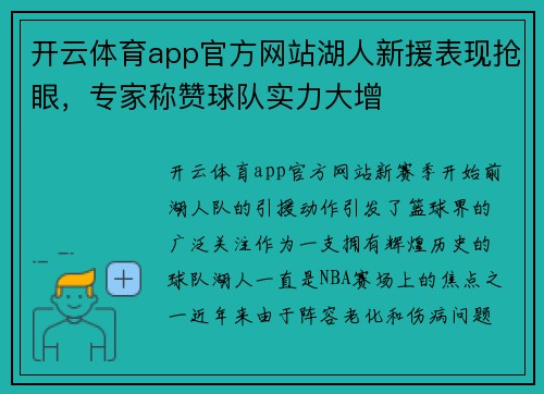 开云体育app官方网站湖人新援表现抢眼，专家称赞球队实力大增